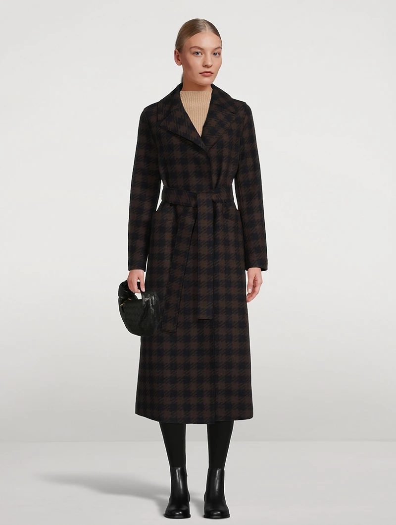 Wool-Blend Long Wrap Coat Gingham Print