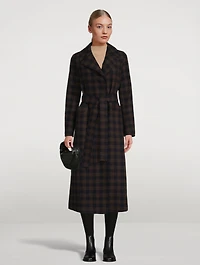 Wool-Blend Long Wrap Coat Gingham Print