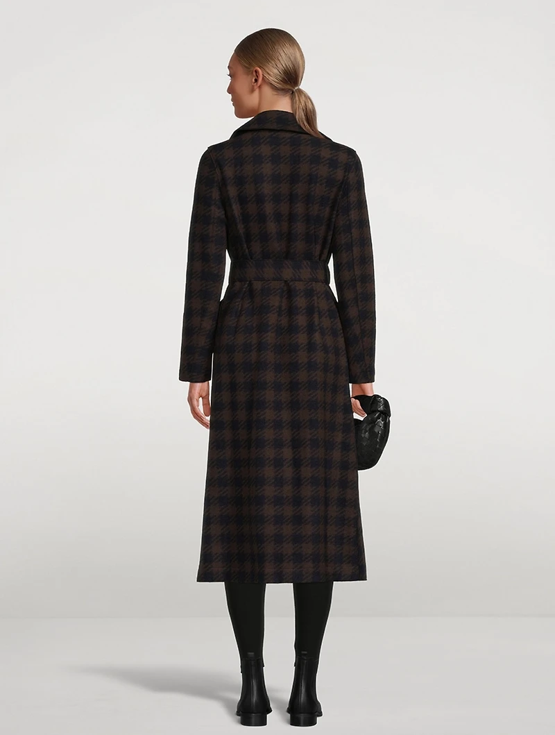 Wool-Blend Long Wrap Coat Gingham Print