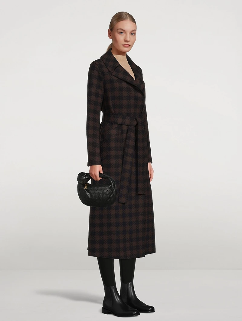 Wool-Blend Long Wrap Coat Gingham Print