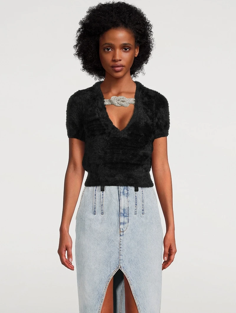 Faux Fur Sweater With Crystal Knot