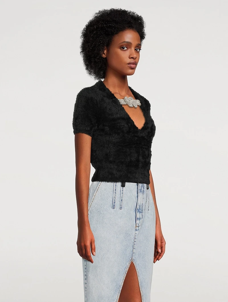 Faux Fur Sweater With Crystal Knot
