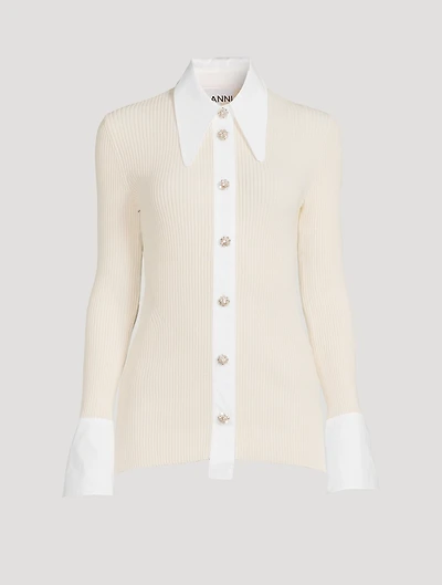 Melange Knit Shirt With Crystal Buttons