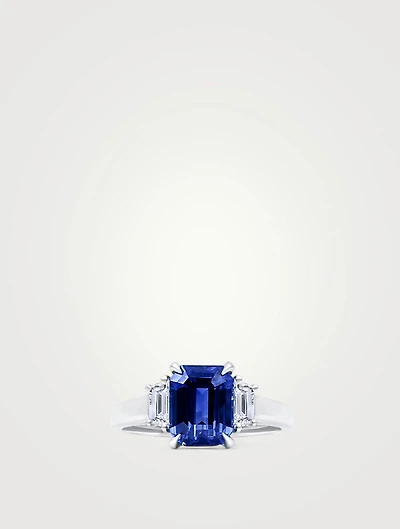Platinum Emerald-Cut Ceylon Sapphire Ring With Diamonds