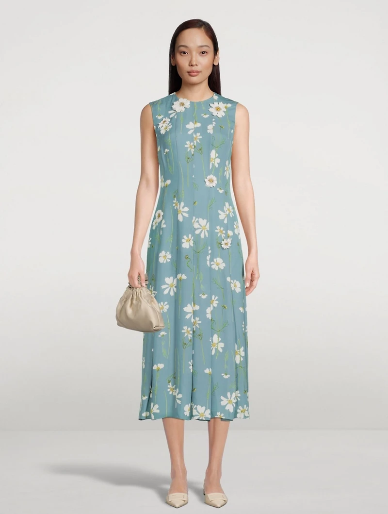Silk Georgette Pleated Midi Dress With Embroidery