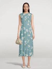 Silk Georgette Pleated Midi Dress With Embroidery