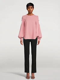Silk Stretch Keyhole-Sleeve Blouse