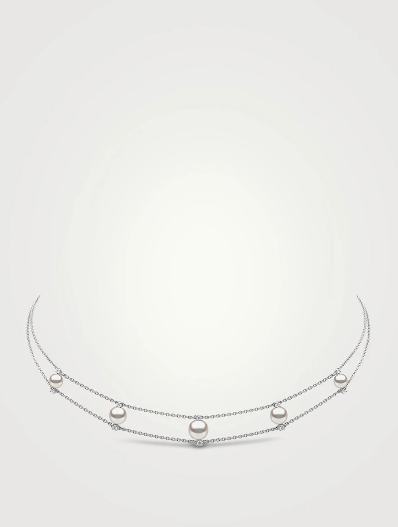Trend 18K White Gold Pearl Choker Necklace With Pearls And Diamonds