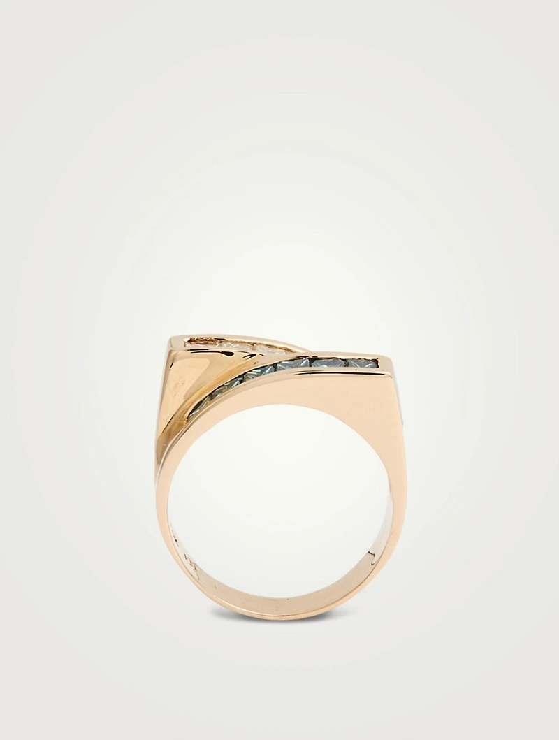 Estate 14K Gold Bypass Ring With White And Blue Diamonds