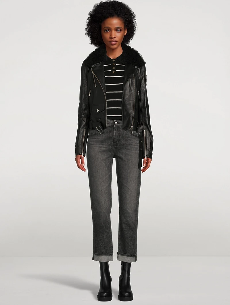 Wildhay Leather Moto Jacket With Shearling Trim