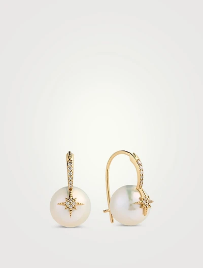 14K Gold Starburst Pearl Bead Earrings With Diamonds
