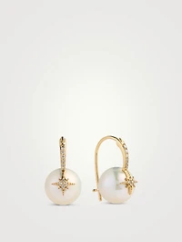 14K Gold Starburst Pearl Bead Earrings With Diamonds
