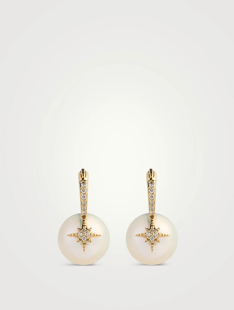 14K Gold Starburst Pearl Bead Earrings With Diamonds