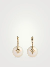 14K Gold Starburst Pearl Bead Earrings With Diamonds