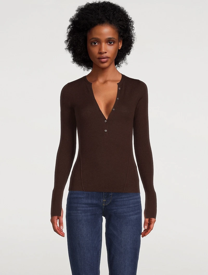 Ribbed Wool And Silk Henley Top