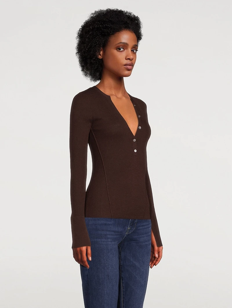 Ribbed Wool And Silk Henley Top