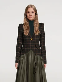Pouf-Sleeve Blazer Check Print