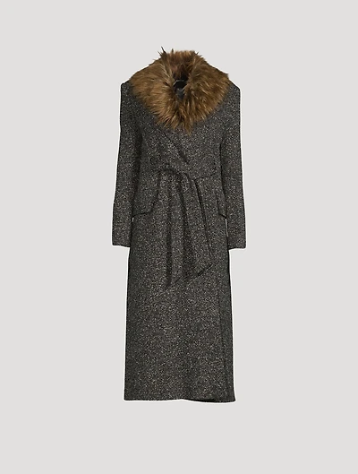 Belt Coat With Detachable Faux Fur Collar
