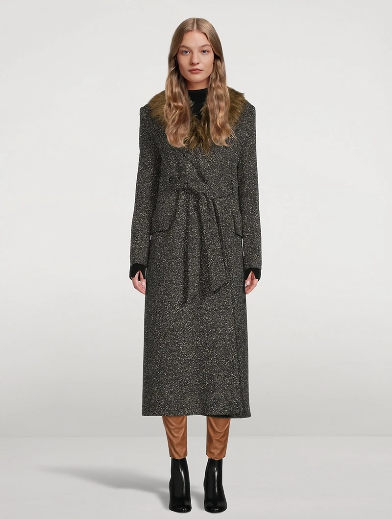 Belt Coat With Detachable Faux Fur Collar