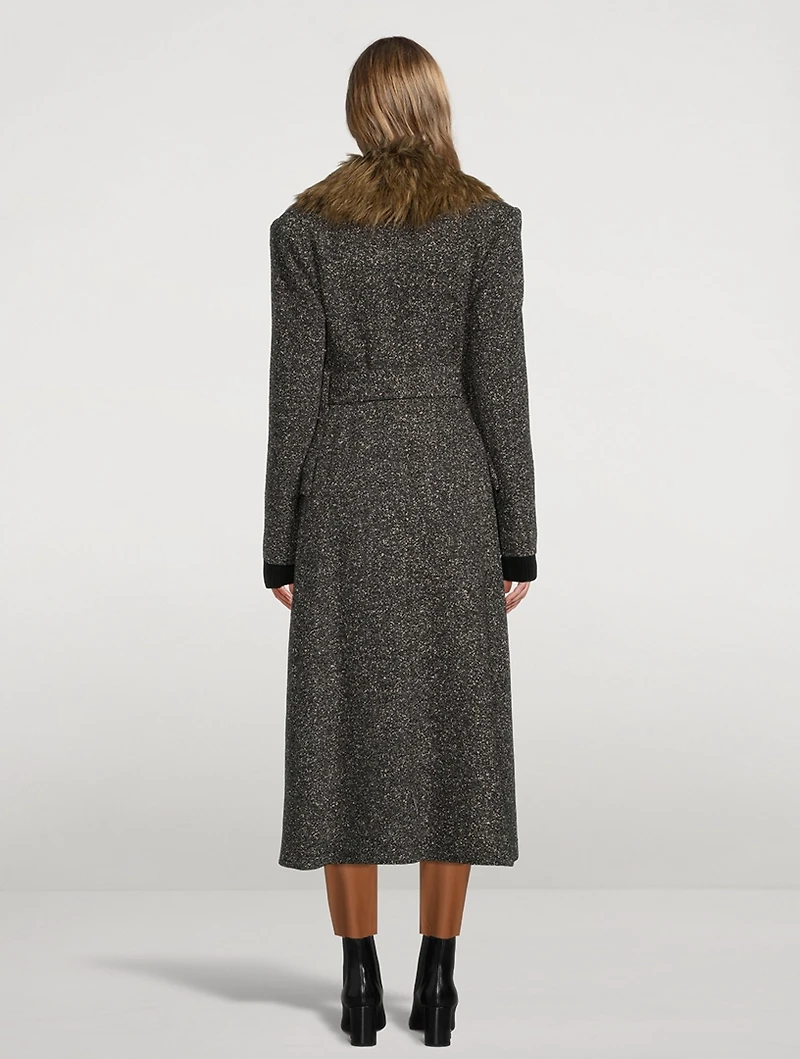 Belt Coat With Detachable Faux Fur Collar