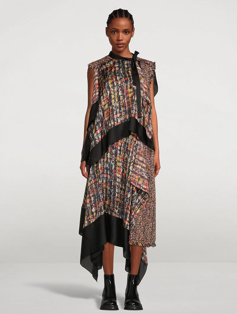 Asymmetric Satin Midi Dress Tweed Print
