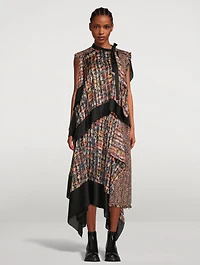Asymmetric Satin Midi Dress Tweed Print