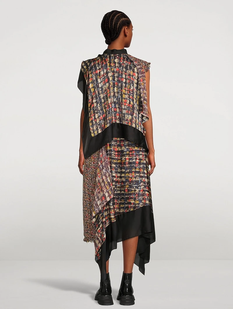 Asymmetric Satin Midi Dress Tweed Print
