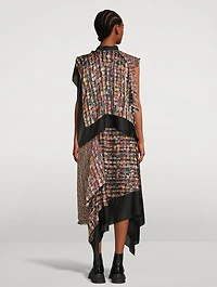 Asymmetric Satin Midi Dress Tweed Print