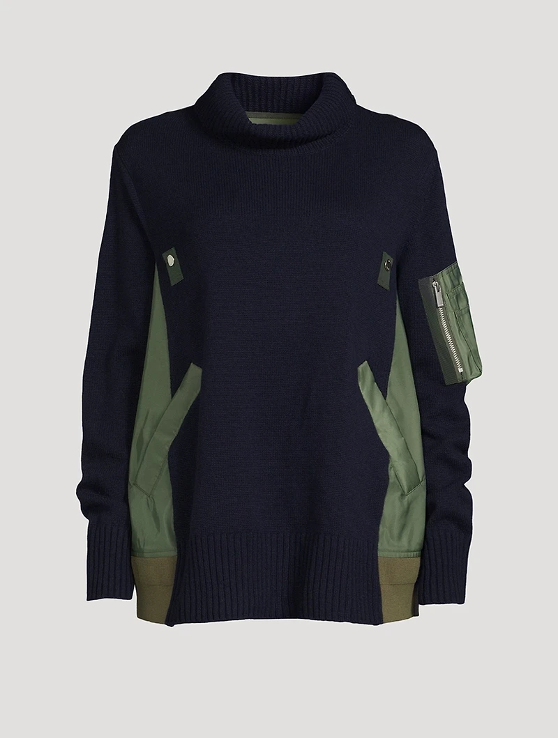 Wool Twill Mix Turtleneck With Pleated back