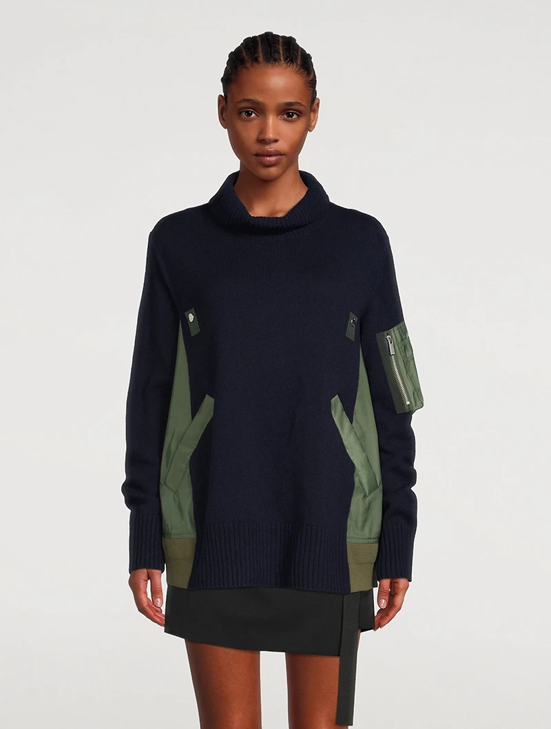 Wool Twill Mix Turtleneck With Pleated back