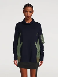 Wool Twill Mix Turtleneck With Pleated back