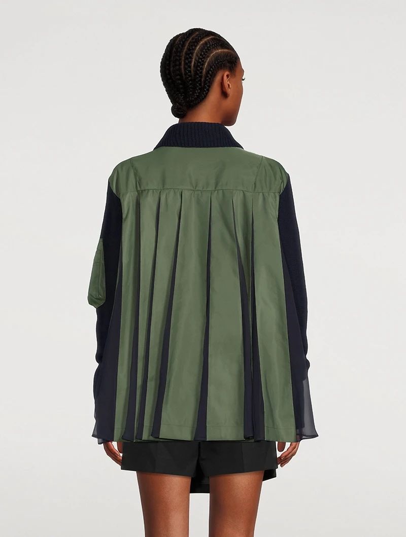 Wool Twill Mix Turtleneck With Pleated back