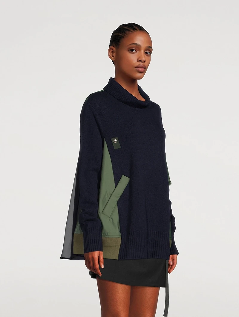 Wool Twill Mix Turtleneck With Pleated back