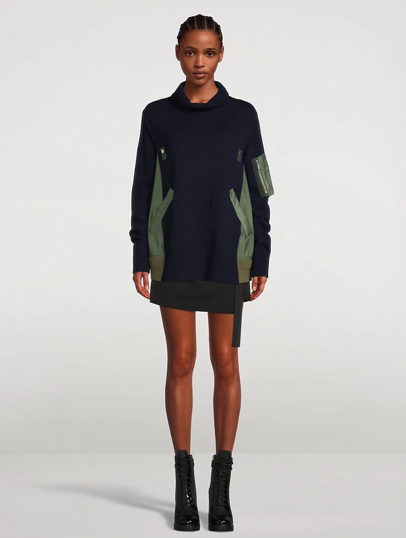 Wool Twill Mix Turtleneck With Pleated back