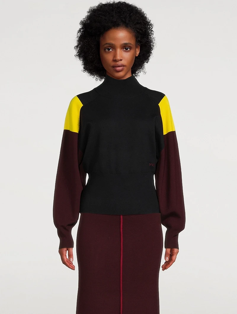 Colourblock Merino Wool Blouson-Sleeve Sweater
