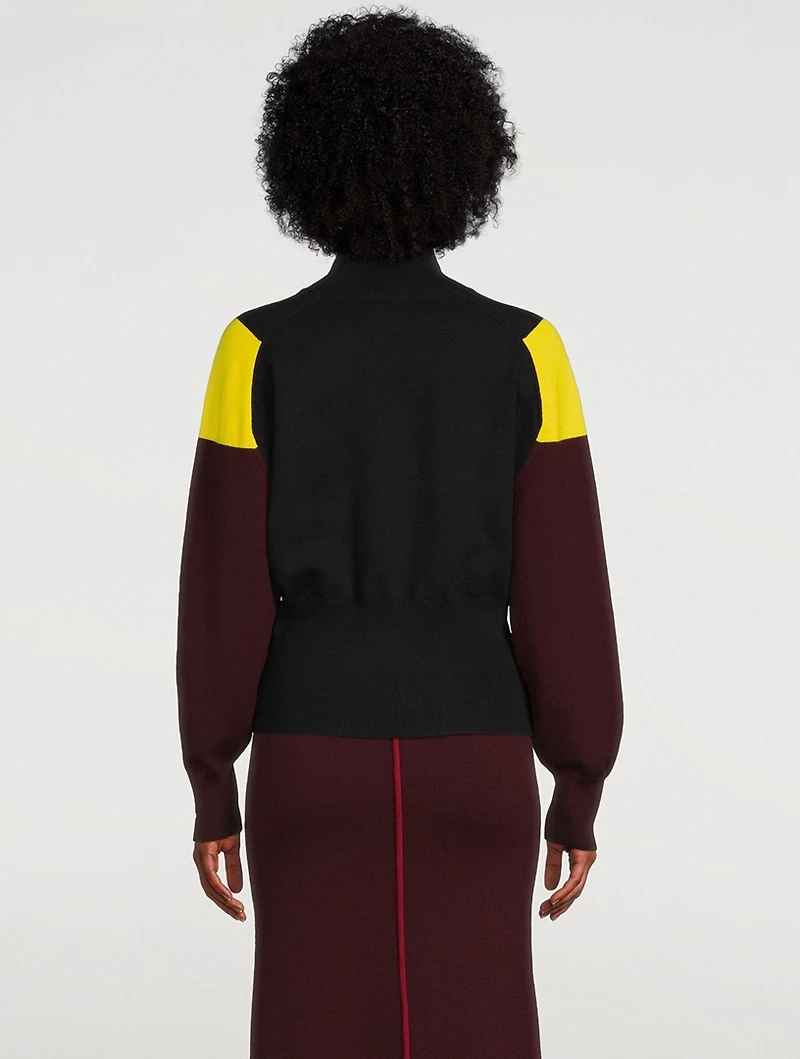 Colourblock Merino Wool Blouson-Sleeve Sweater