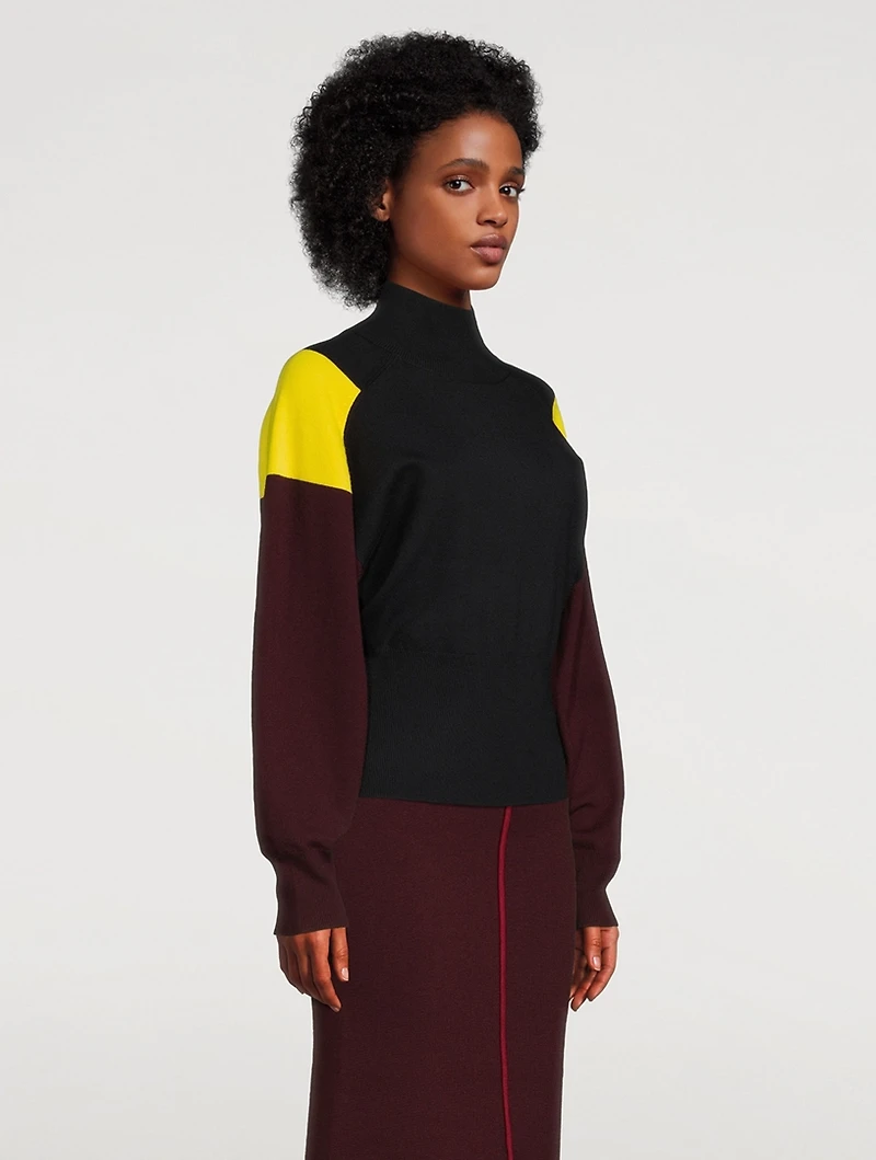 Colourblock Merino Wool Blouson-Sleeve Sweater