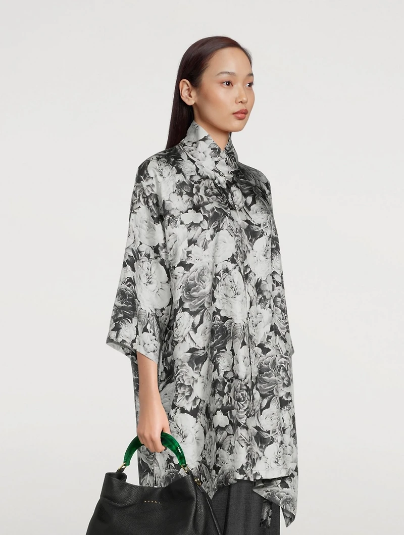 Silk Long A-Line Shirt Rose Print