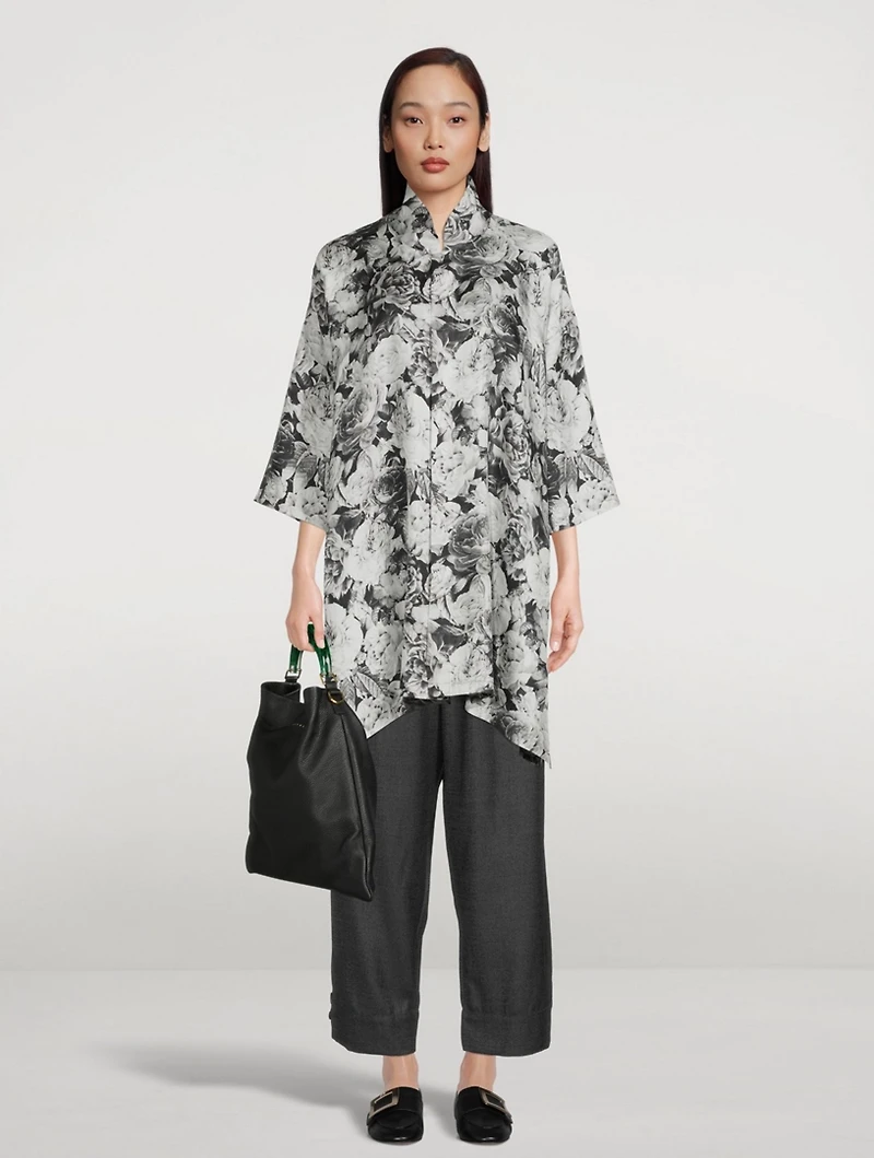 Silk Long A-Line Shirt Rose Print
