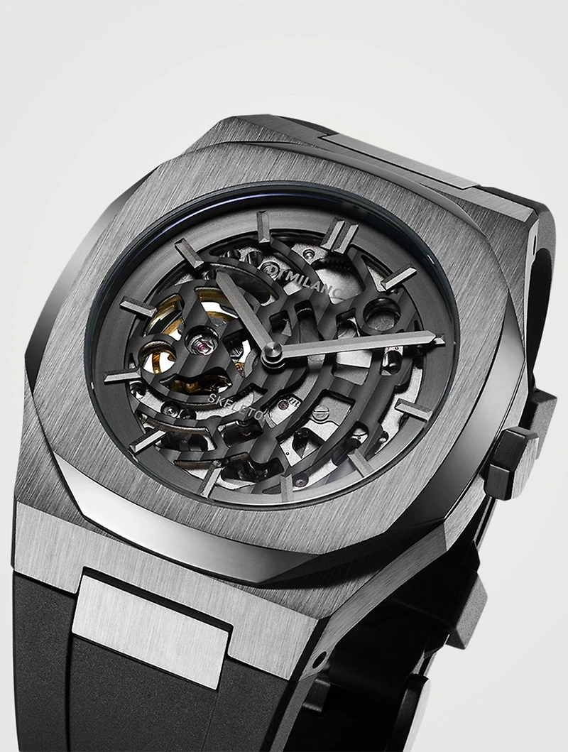 Skeleton Stainless Steel Rubber Strap Watch