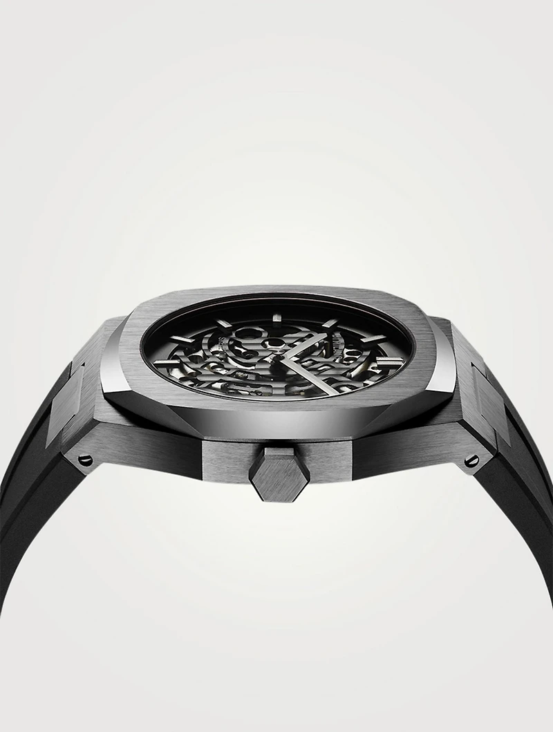 Skeleton Stainless Steel Rubber Strap Watch