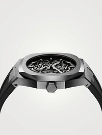 Skeleton Stainless Steel Rubber Strap Watch