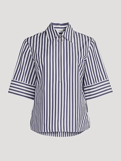 Zip-Front Cotton Shirt Stripe Print