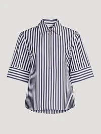 Zip-Front Cotton Shirt Stripe Print