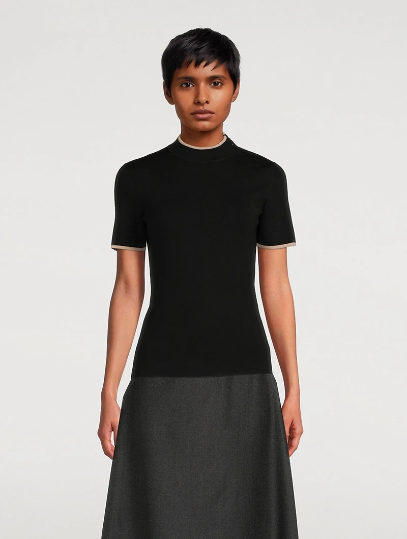 Short-Sleeve Mockneck Knit Top With Zipper