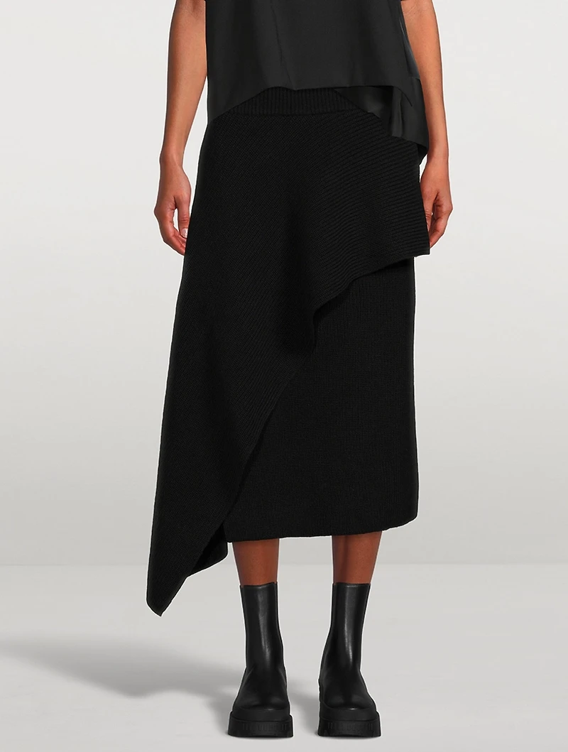 Asymmetric Wool Knit Midi Skirt
