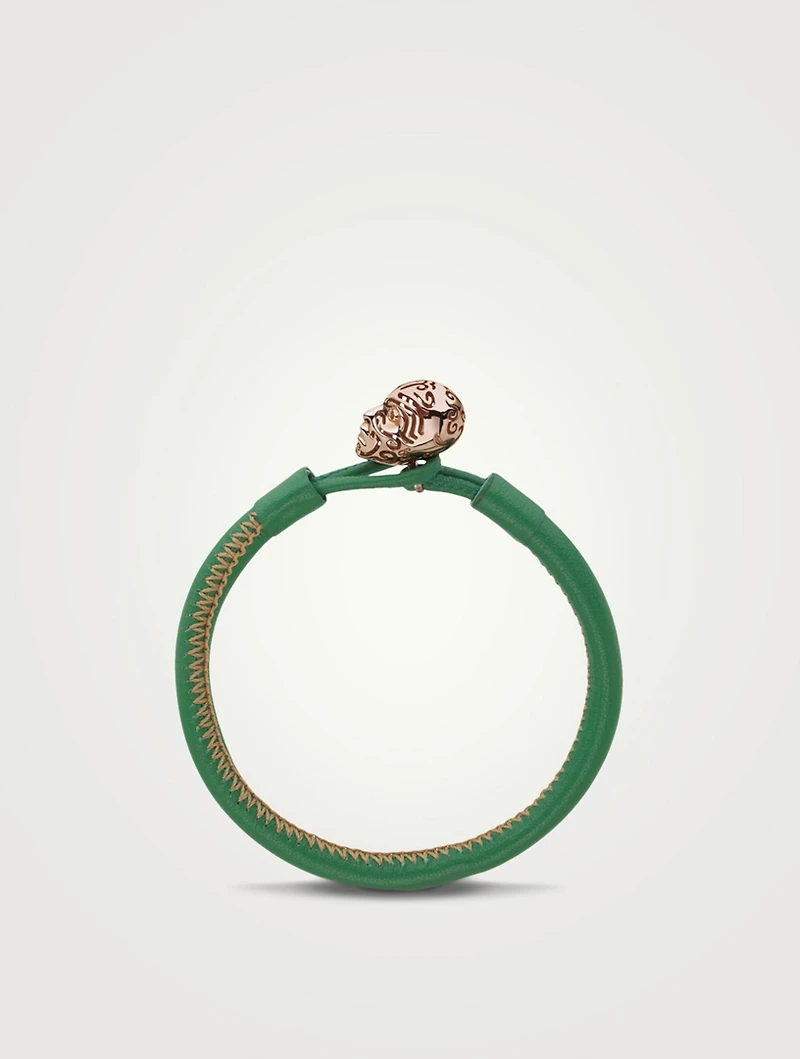Kiri 18K Rose Gold Tattooed Head Leather Bracelet With Red Sapphires