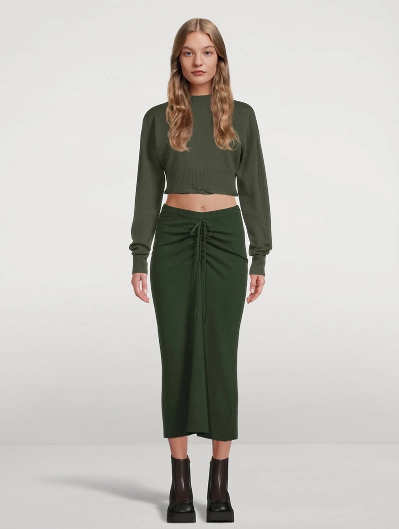 Wool And Cashmere Ruched Drape Midi Skirt