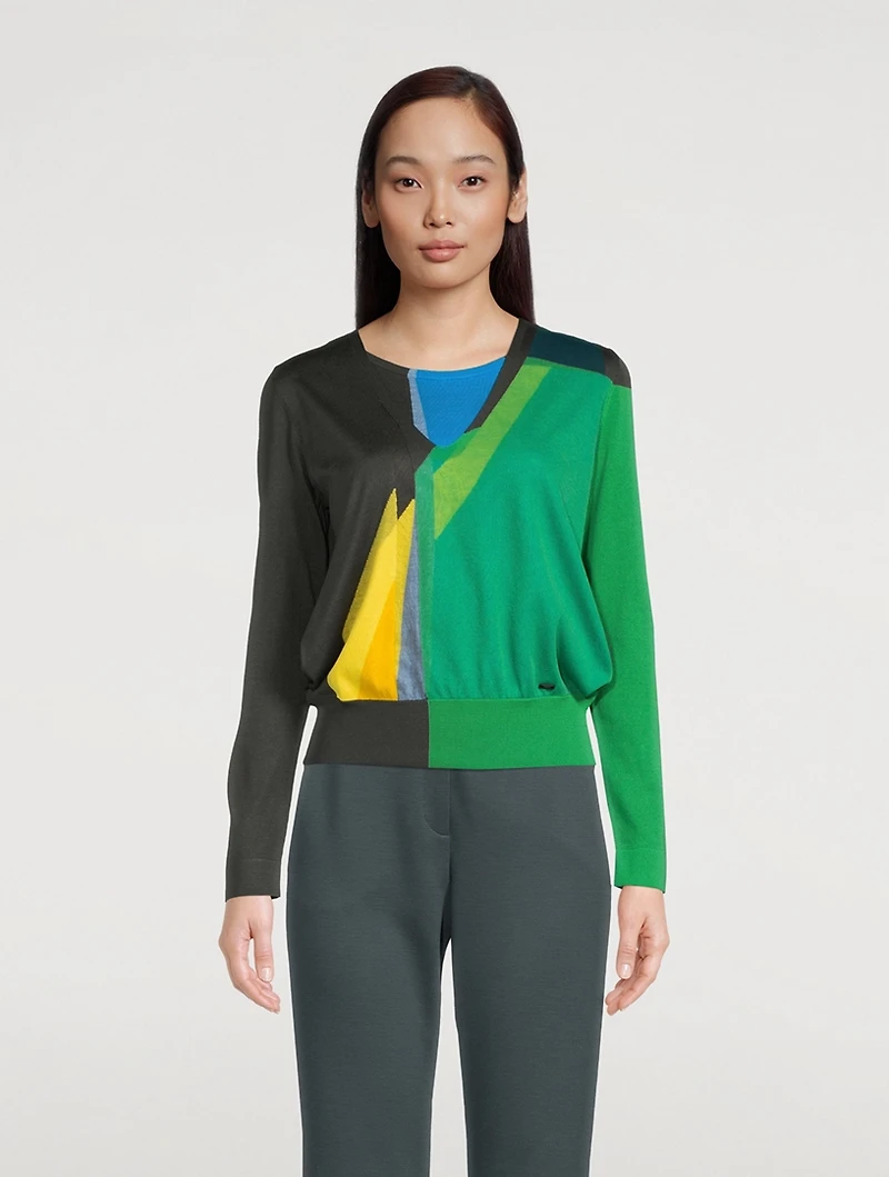 Silk And Cotton V-Neck Sweater Liquid Light Print