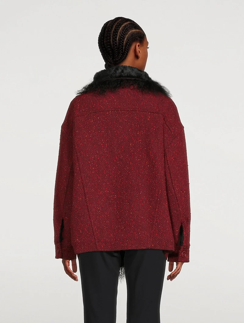 Herringbone Tweed Jacket With Shearling Trim